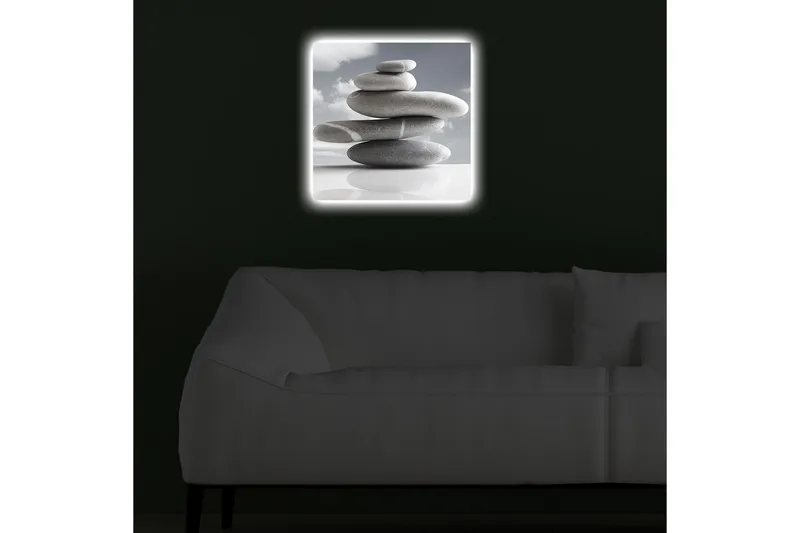 Canvas-taulu LED-valaistuksella 40x40 cm - Harmaan sävyisten kivien kasa harmonisessa tasapainossa - Harmaa / Valkoinen - Sisustustuotteet - Taulu & taide - Canvas-taulu