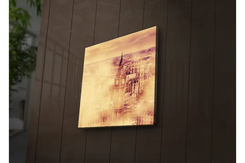 Canvas-taulu LED-valaistuksella 40x40 cm - Historiallinen kaupunkikuva kellotornilla ja rakennuksilla, Kulta / Beige / Ruskea