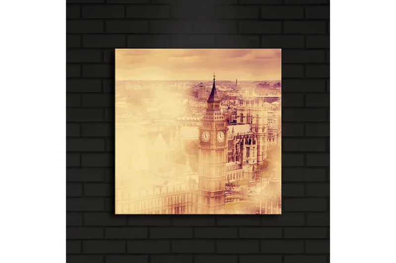 Canvas-taulu LED-valaistuksella 40x40 cm - Historiallinen kaupunkikuva kellotornilla ja rakennuksilla - Kulta / Beige / Ruskea - Sisustustuotteet - Taulu & taide - Canvas-taulu