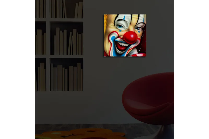 Canvas-taulu LED-valaistuksella 40x40 cm - Iloinen pelle värikkäällä meikillä ja punaisella nenällä - Punainen / Keltainen / Sininen - Sisustustuotteet - Taulu & taide - Canvas-taulu