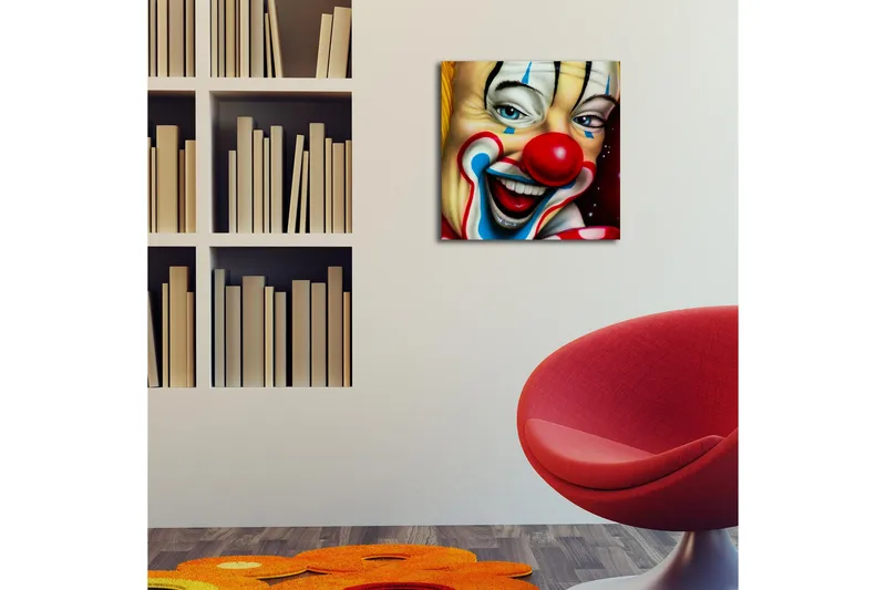 Canvas-taulu LED-valaistuksella 40x40 cm - Iloinen pelle värikkäällä meikillä ja punaisella nenällä - Punainen / Keltainen / Sininen - Sisustustuotteet - Taulu & taide - Canvas-taulu