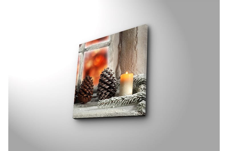Canvas-taulu LED-valaistuksella 40x40 cm - Kävyt ja kynttilä talvisella taustalla - Tummanruskea / Beige / Vihreä - Sisustustuotteet - Taulu & taide - Canvas-taulu