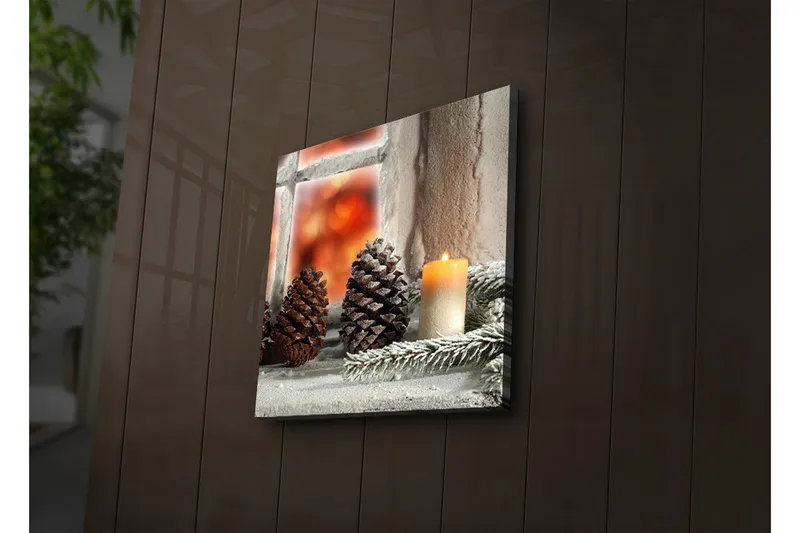 Canvas-taulu LED-valaistuksella 40x40 cm - Kävyt ja kynttilä talvisella taustalla, Tummanruskea / Beige / Vihreä