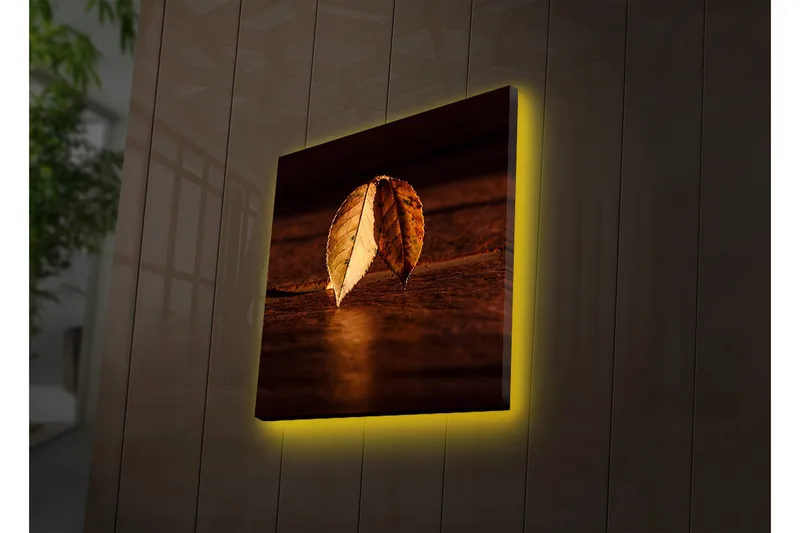 Canvas-taulu LED-valaistuksella 40x40 cm - Kaksi päällekkäistä syksynlehteä puupinnalla, Kulta / Ruskea / Vihreä