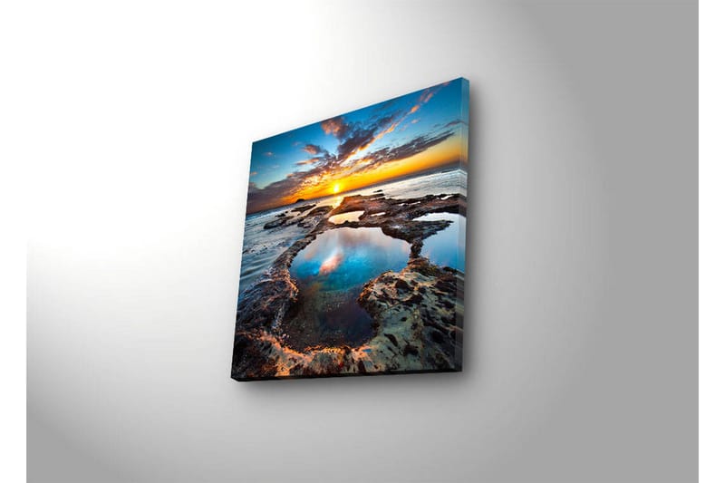 Canvas-taulu LED-valaistuksella 40x40 cm - Kaunis auringonlasku kalliorannikolla heijastuen vedessä - Sininen / Oranssi / Turkoosi - Sisustustuotteet - Taulu & taide - Canvas-taulu