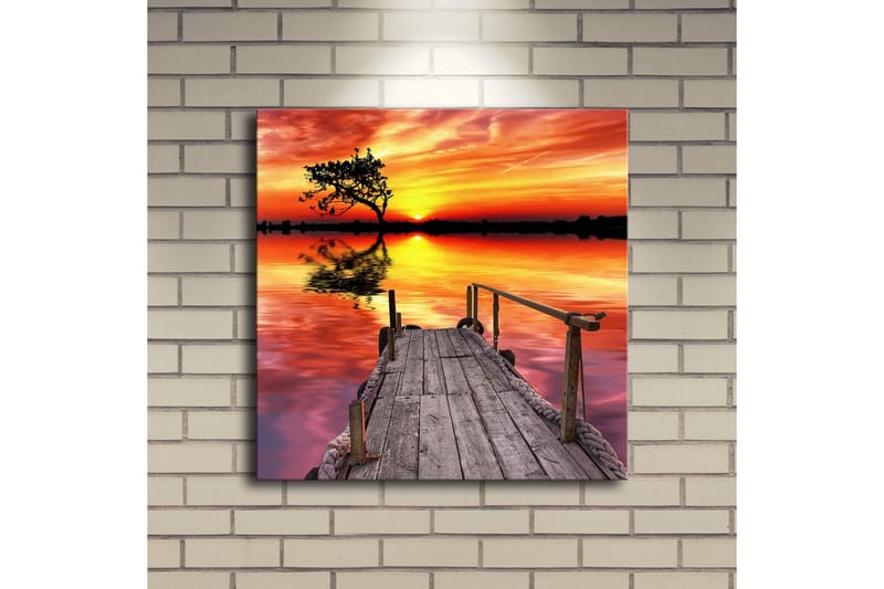 Canvas-taulu LED-valaistuksella 40x40 cm - Kaunis auringonlasku peilimäisen järven yllä, puinen laituri ja yksinäinen puunlatva - Oranssi / Vaaleanpunainen / Vihreä - Sisustustuotteet - Taulu & taide - Canvas-taulu