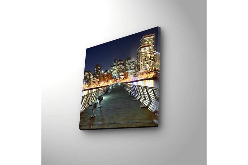 Canvas-taulu LED-valaistuksella 40x40 cm - Kaupungin siluetti yöllä ja valon heijastukset vedessä - Tummansininen / Harmaa / Oranssi - Sisustustuotteet - Taulu & taide - Canvas-taulu