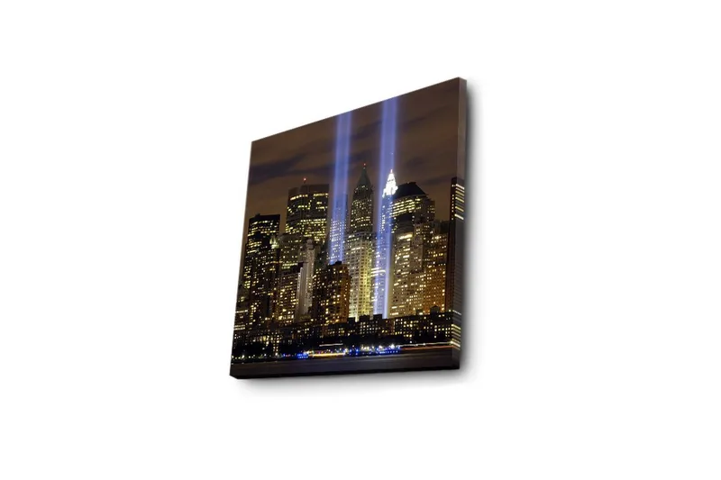 Canvas-taulu LED-valaistuksella 40x40 cm - Kaupunkikuva valonsäteineen, jotka symboloivat kadonneiden elämien muistoa - Kulta / Sininen / Musta - Sisustustuotteet - Taulu & taide - Canvas-taulu