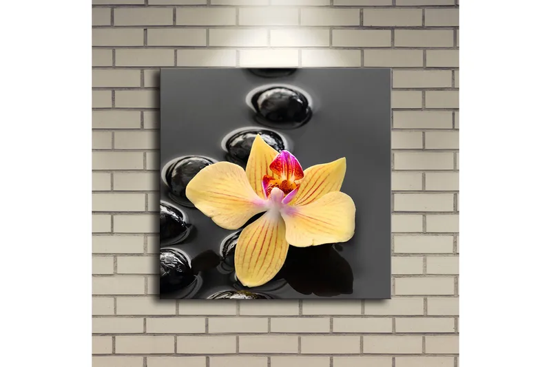 Canvas-taulu LED-valaistuksella 40x40 cm - Keltainen orkidea mustilla kivillä - Keltainen / Musta - Sisustustuotteet - Taulu & taide - Canvas-taulu