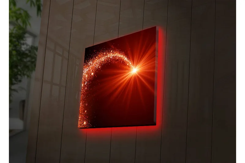 Canvas-taulu LED-valaistuksella 40x40 cm - Kimaltelevaa tähtien valoa dynaamisella kaarella, Punainen / Oranssi / Kulta