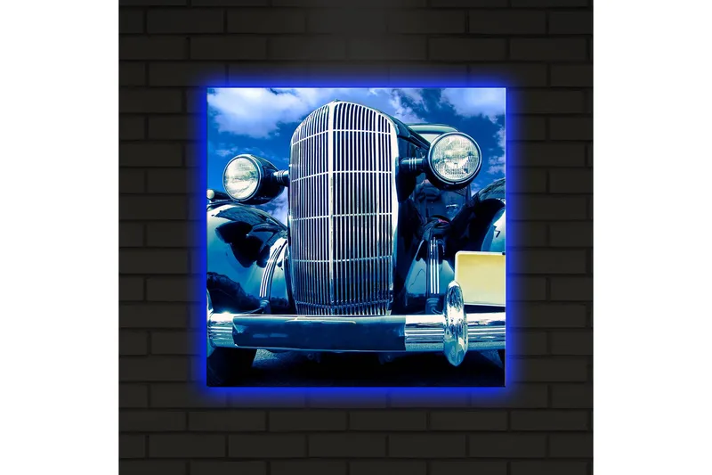 Canvas-taulu LED-valaistuksella 40x40 cm - Klassinen auto edestä päin ja kirkas sininen taivas taustalla - Musta / Sininen / Hopea - Sisustustuotteet - Taulu & taide - Canvas-taulu