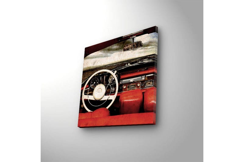 Canvas-taulu LED-valaistuksella 40x40 cm - Klassisen auton sisustus, jossa keskitytään ohjauspyörään ja istuimiin - Punainen / Valkoinen / Musta - Sisustustuotteet - Taulu & taide - Canvas-taulu