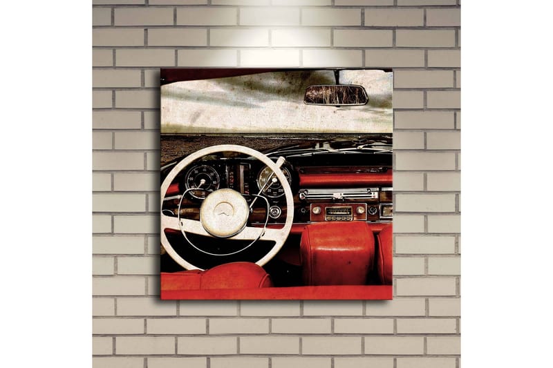 Canvas-taulu LED-valaistuksella 40x40 cm - Klassisen auton sisustus, jossa keskitytään ohjauspyörään ja istuimiin - Punainen / Valkoinen / Musta - Sisustustuotteet - Taulu & taide - Canvas-taulu