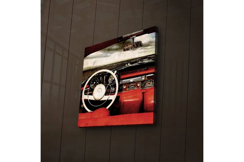 Canvas-taulu LED-valaistuksella 40x40 cm - Klassisen auton sisustus, jossa keskitytään ohjauspyörään ja istuimiin - Punainen / Valkoinen / Musta - Sisustustuotteet - Taulu & taide - Canvas-taulu