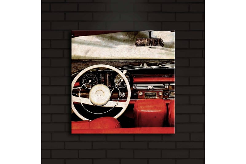 Canvas-taulu LED-valaistuksella 40x40 cm - Klassisen auton sisustus, jossa keskitytään ohjauspyörään ja istuimiin - Punainen / Valkoinen / Musta - Sisustustuotteet - Taulu & taide - Canvas-taulu