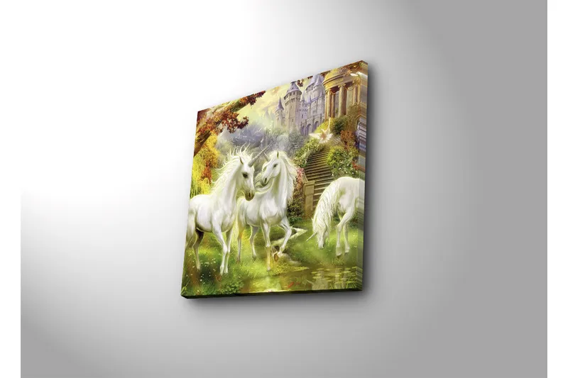 Canvas-taulu LED-valaistuksella 40x40 cm - Kolme valkoista yksisarvista taianomaisessa metsäympäristössä - Valkoinen / Vihreä / Keltainen - Sisustustuotteet - Taulu & taide - Canvas-taulu