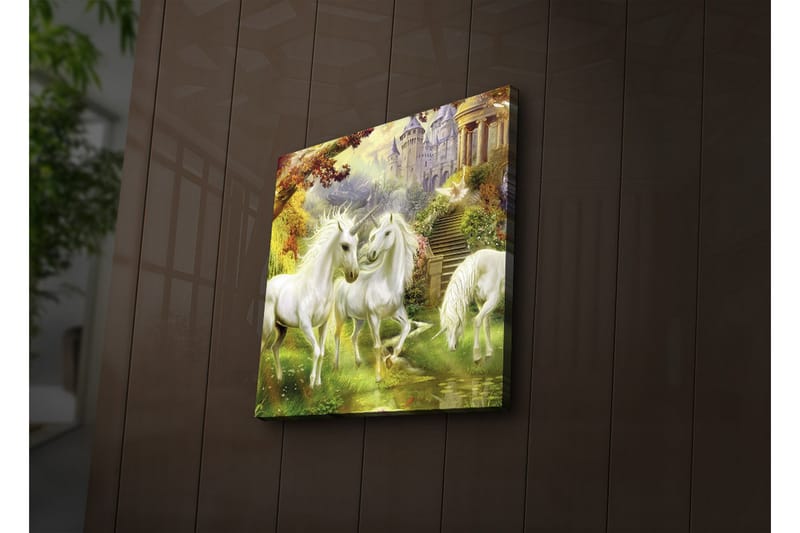 Canvas-taulu LED-valaistuksella 40x40 cm - Kolme valkoista yksisarvista taianomaisessa metsäympäristössä, Valkoinen / Vihreä / Keltainen