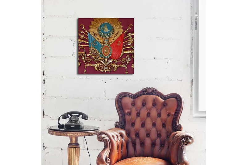 Canvas-taulu LED-valaistuksella 40x40 cm - Koristeltu kilpi symboleilla ja aseilla historiallisessa tyylissä - Punainen / Kulta / Sininen - Sisustustuotteet - Taulu & taide - Canvas-taulu