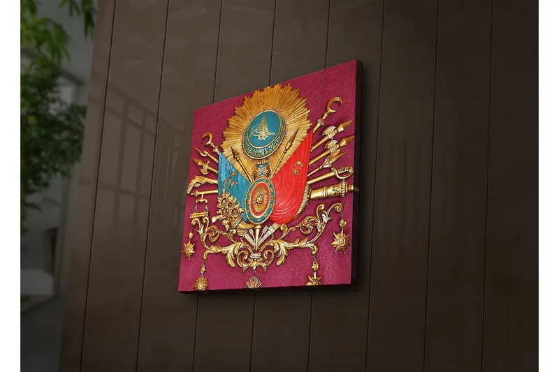 Canvas-taulu LED-valaistuksella 40x40 cm - Koristeltu kilpi symboleilla ja aseilla historiallisessa tyylissä - Punainen / Kulta / Sininen - Sisustustuotteet - Taulu & taide - Canvas-taulu