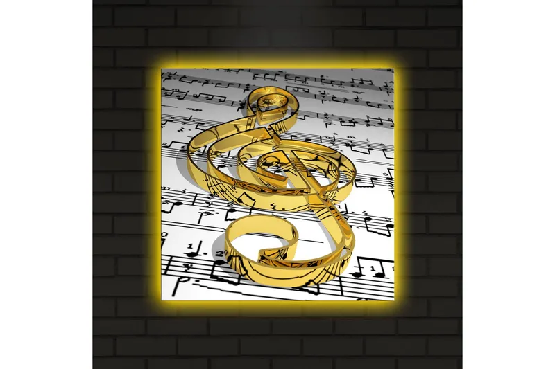 Canvas-taulu LED-valaistuksella 40x40 cm - Kultainen nuottisymboli nuotteja vasten - Kulta / Valkoinen / Musta - Sisustustuotteet - Taulu & taide - Canvas-taulu