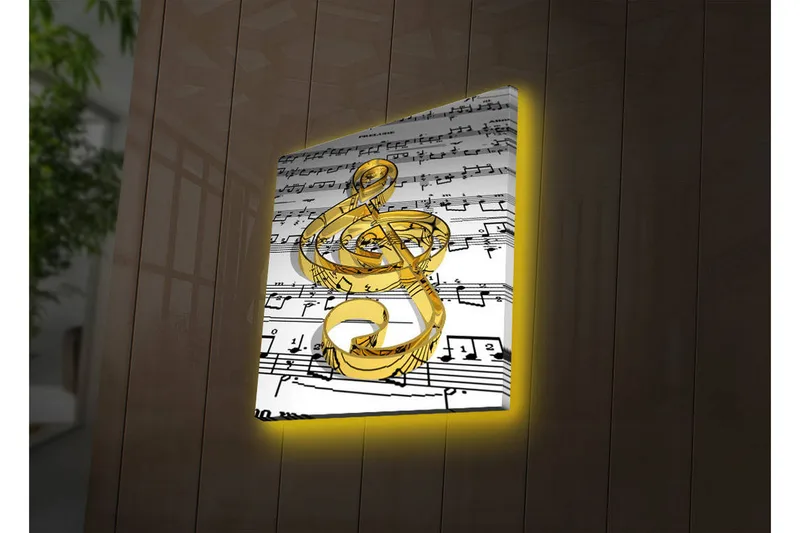 Canvas-taulu LED-valaistuksella 40x40 cm - Kultainen nuottisymboli nuotteja vasten, Kulta / Valkoinen / Musta