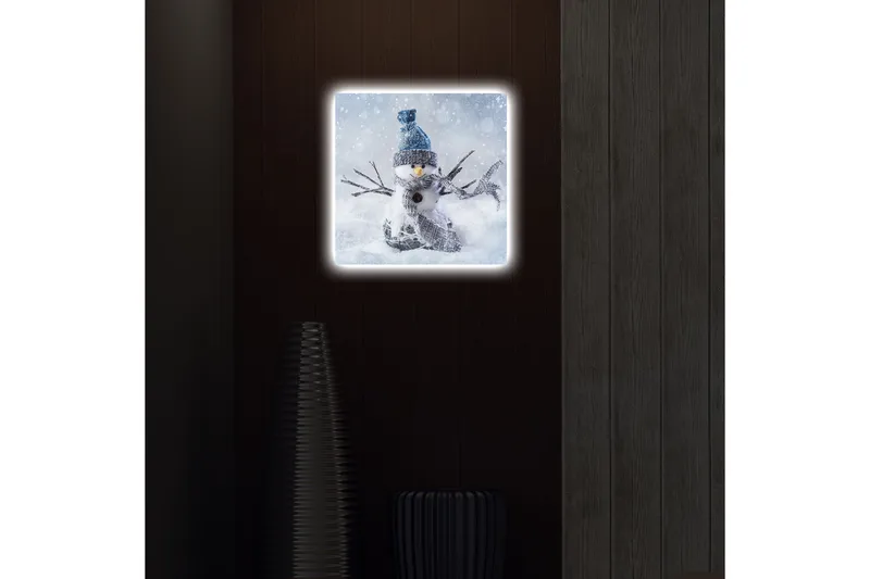Canvas-taulu LED-valaistuksella 40x40 cm - Lumiukko talvimaisemassa lumisateella - Valkoinen / Sininen / Harmaa - Sisustustuotteet - Taulu & taide - Canvas-taulu