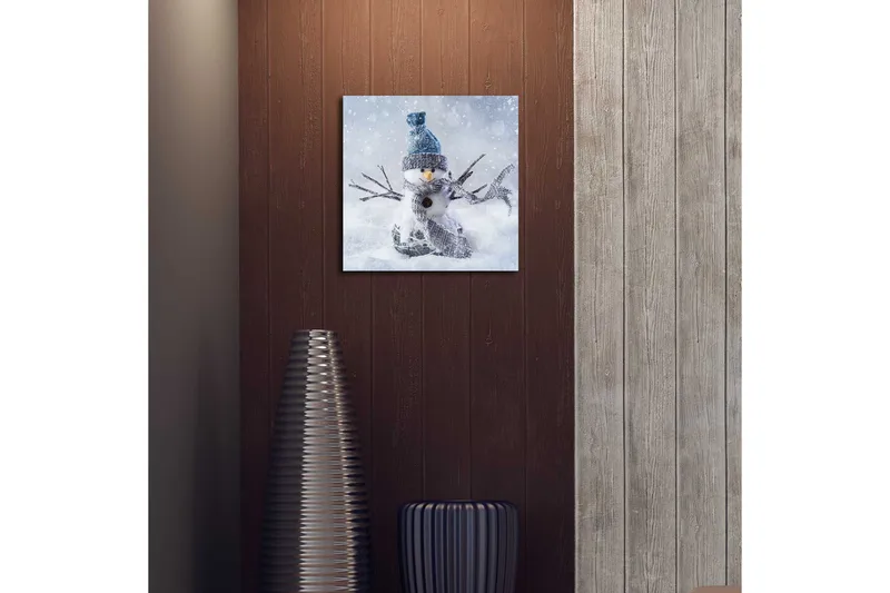 Canvas-taulu LED-valaistuksella 40x40 cm - Lumiukko talvimaisemassa lumisateella - Valkoinen / Sininen / Harmaa - Sisustustuotteet - Taulu & taide - Canvas-taulu