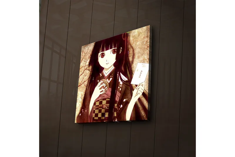 Canvas-taulu LED-valaistuksella 40x40 cm - Muotokuva nuoresta naisesta perinnevaatteissa kuppi ja kirje kädessään, Tummanpunainen / Beige / Musta