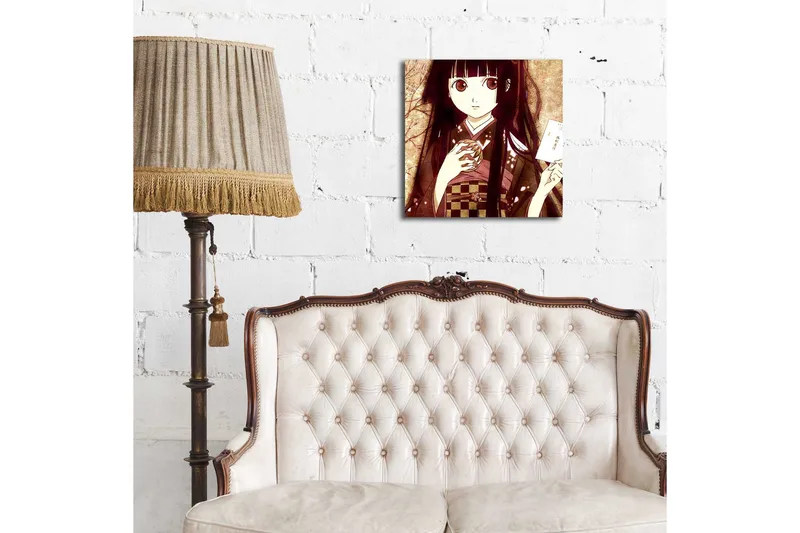 Canvas-taulu LED-valaistuksella 40x40 cm - Muotokuva nuoresta naisesta perinnevaatteissa kuppi ja kirje kädessään - Tummanpunainen / Beige / Musta - Sisustustuotteet - Taulu & taide - Canvas-taulu