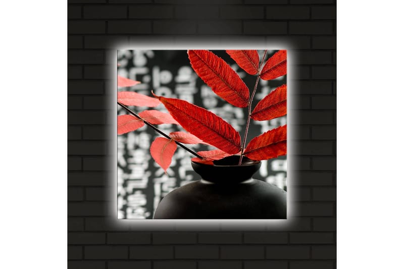 Canvas-taulu LED-valaistuksella 40x40 cm - Musta maljakko, jossa punaiset lehdet luovat kontrastin tummaa taustaa vasten - Punainen / Musta - Sisustustuotteet - Taulu & taide - Canvas-taulu