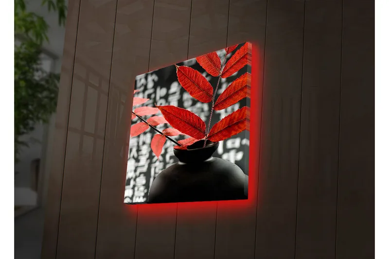 Canvas-taulu LED-valaistuksella 40x40 cm - Musta maljakko, jossa punaiset lehdet luovat kontrastin tummaa taustaa vasten - Punainen / Musta - Sisustustuotteet - Taulu & taide - Canvas-taulu