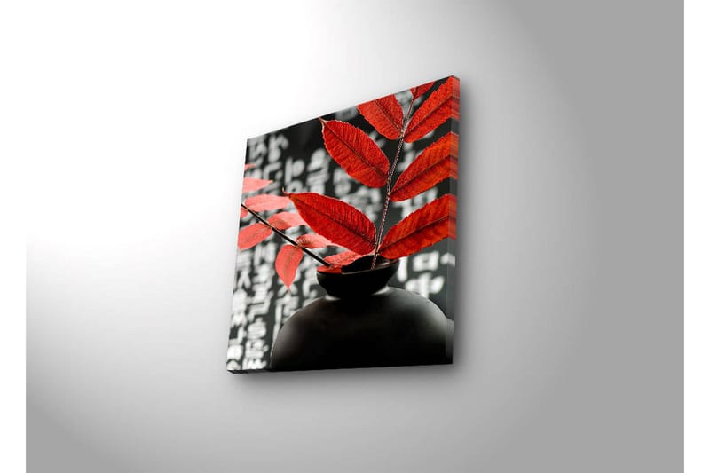 Canvas-taulu LED-valaistuksella 40x40 cm - Musta maljakko, jossa punaiset lehdet luovat kontrastin tummaa taustaa vasten - Punainen / Musta - Sisustustuotteet - Taulu & taide - Canvas-taulu