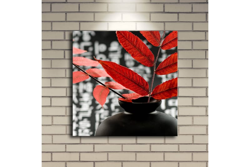 Canvas-taulu LED-valaistuksella 40x40 cm - Musta maljakko, jossa punaiset lehdet luovat kontrastin tummaa taustaa vasten - Punainen / Musta - Sisustustuotteet - Taulu & taide - Canvas-taulu