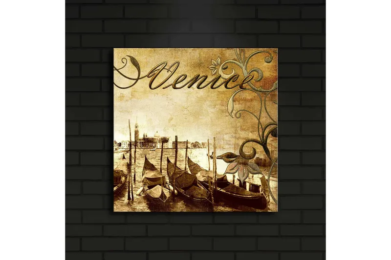 Canvas-taulu LED-valaistuksella 40x40 cm - Nostalginen näkymä venetsialaisista gondoleista kanavalla - Ruskea / Beige / Vihreä - Sisustustuotteet - Taulu & taide - Canvas-taulu