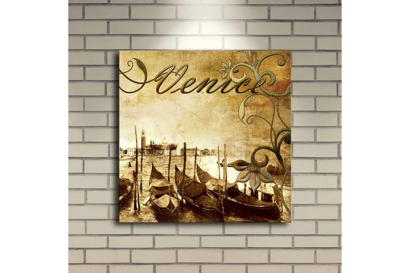 Canvas-taulu LED-valaistuksella 40x40 cm - Nostalginen näkymä venetsialaisista gondoleista kanavalla - Ruskea / Beige / Vihreä - Sisustustuotteet - Taulu & taide - Canvas-taulu