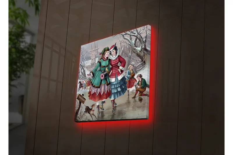 Canvas-taulu LED-valaistuksella 40x40 cm - Onnellisia naisia talvivaatteissa kävelemässä lumisessa ympäristössä, Vihreä / Punainen / Sininen