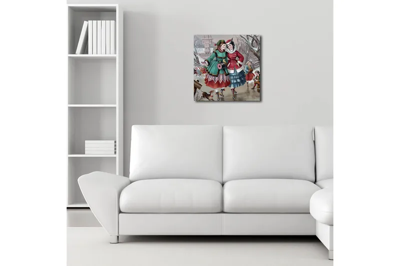 Canvas-taulu LED-valaistuksella 40x40 cm - Onnellisia naisia talvivaatteissa kävelemässä lumisessa ympäristössä - Vihreä / Punainen / Sininen - Sisustustuotteet - Taulu & taide - Canvas-taulu