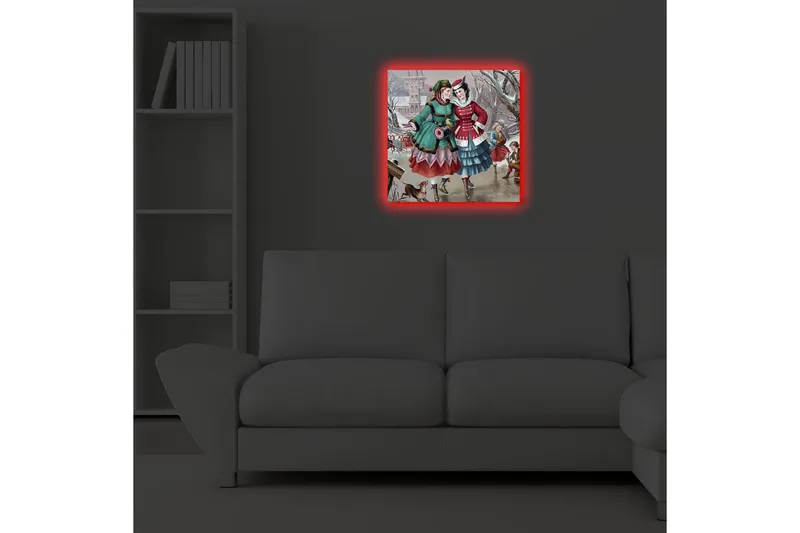 Canvas-taulu LED-valaistuksella 40x40 cm - Onnellisia naisia talvivaatteissa kävelemässä lumisessa ympäristössä - Vihreä / Punainen / Sininen - Sisustustuotteet - Taulu & taide - Canvas-taulu