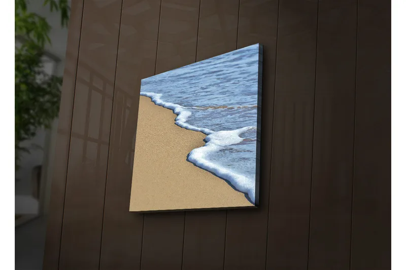 Canvas-taulu LED-valaistuksella 40x40 cm - Ranta, jossa pehmeät aallot kohtaavat hiekan, Sininen / Beige