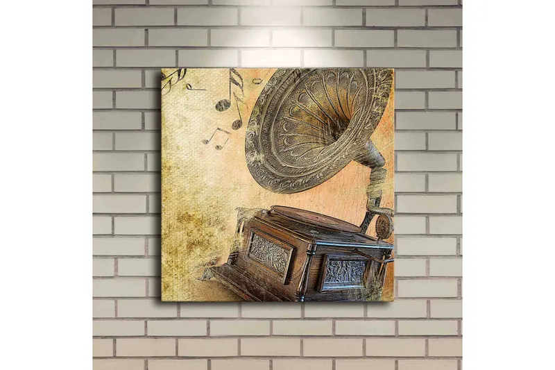 Canvas-taulu LED-valaistuksella 40x40 cm - Retrogramofoni nuoteilla taustalla - Kulta / Ruskea / Beige - Sisustustuotteet - Taulu & taide - Canvas-taulu