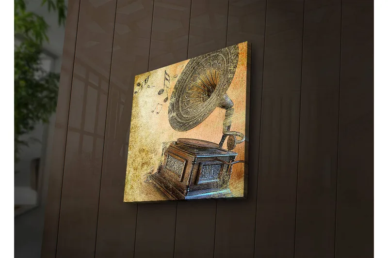 Canvas-taulu LED-valaistuksella 40x40 cm - Retrogramofoni nuoteilla taustalla, Kulta / Ruskea / Beige