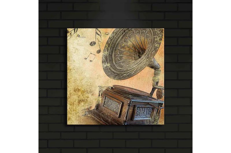 Canvas-taulu LED-valaistuksella 40x40 cm - Retrogramofoni nuoteilla taustalla - Kulta / Ruskea / Beige - Sisustustuotteet - Taulu & taide - Canvas-taulu