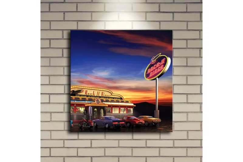 Canvas-taulu LED-valaistuksella 40x40 cm - Retroravintola klassikkoautoilla värikkään taivaan alla - Sininen / Oranssi / Keltainen - Sisustustuotteet - Taulu & taide - Canvas-taulu