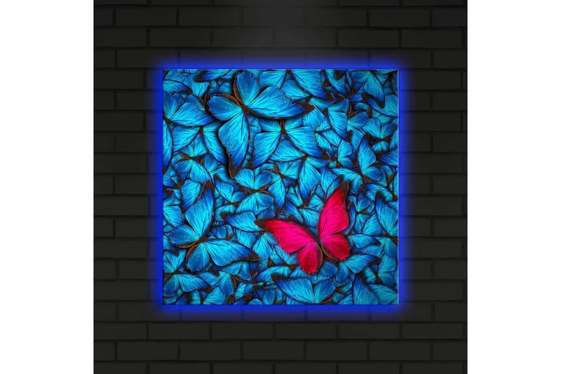 Canvas-taulu LED-valaistuksella 40x40 cm - Siniset valaistut perhoset taustalla ja vaaleanpunainen perhonen - Sininen / Vaaleanpunainen / Musta - Sisustustuotteet - Taulu & taide - Canvas-taulu
