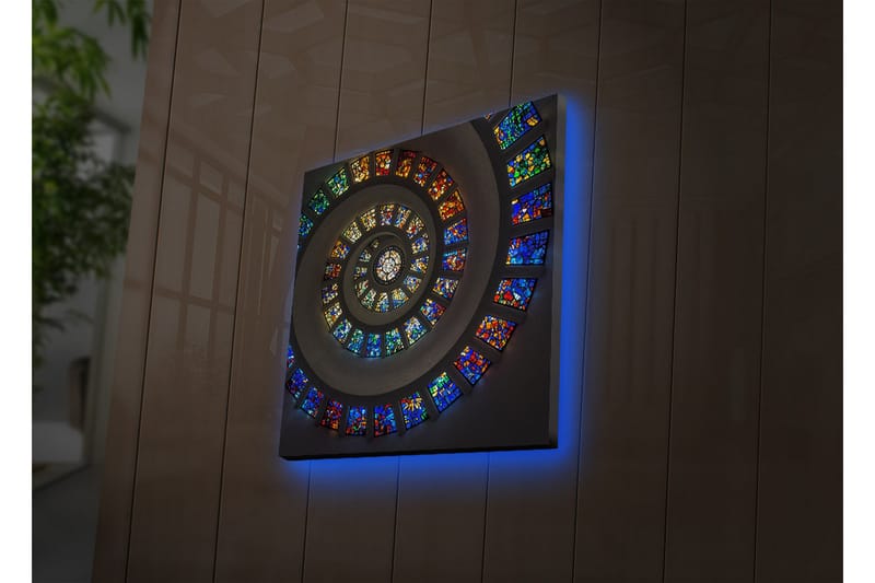 Canvas-taulu LED-valaistuksella 40x40 cm - Spiraalimainen sommitelma värikkäillä lasilevyillä, Sininen / Punainen / Vihreä