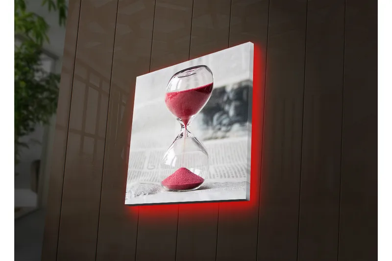Canvas-taulu LED-valaistuksella 40x40 cm - Tiimalasi punaisella hiekalla symboloi ajan kulumista, Punainen / Läpinäkyvä / Harmaa