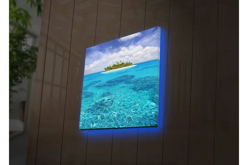 Canvas-taulu LED-valaistuksella 40x40 cm - Trooppinen saari kirkkaan sinisen veden ympäröimänä, Sininen / Turkoosi / Vihreä