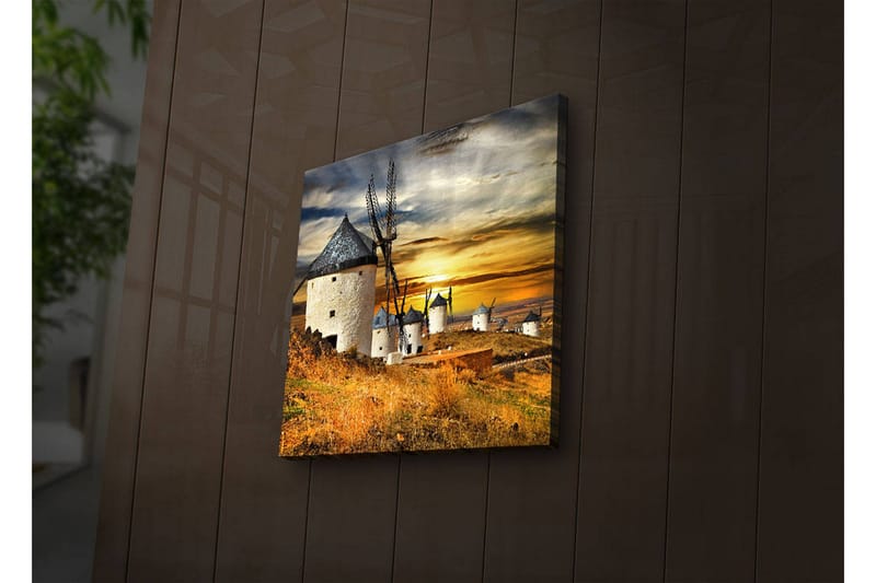 Canvas-taulu LED-valaistuksella 40x40 cm - Tuulimyllyt auringonlaskussa kultaisen maiseman yllä - Kulta / Sininen / Valkoinen - Sisustustuotteet - Taulu & taide - Canvas-taulu