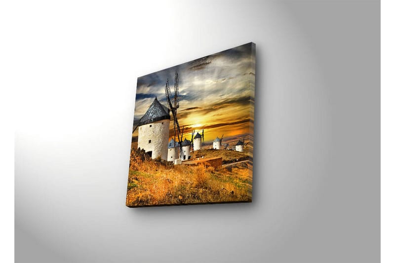 Canvas-taulu LED-valaistuksella 40x40 cm - Tuulimyllyt auringonlaskussa kultaisen maiseman yllä - Kulta / Sininen / Valkoinen - Sisustustuotteet - Taulu & taide - Canvas-taulu