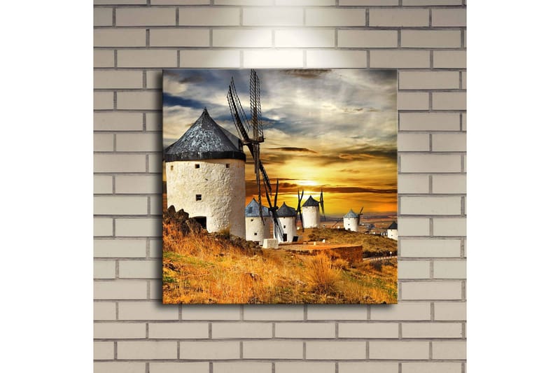 Canvas-taulu LED-valaistuksella 40x40 cm - Tuulimyllyt auringonlaskussa kultaisen maiseman yllä - Kulta / Sininen / Valkoinen - Sisustustuotteet - Taulu & taide - Canvas-taulu